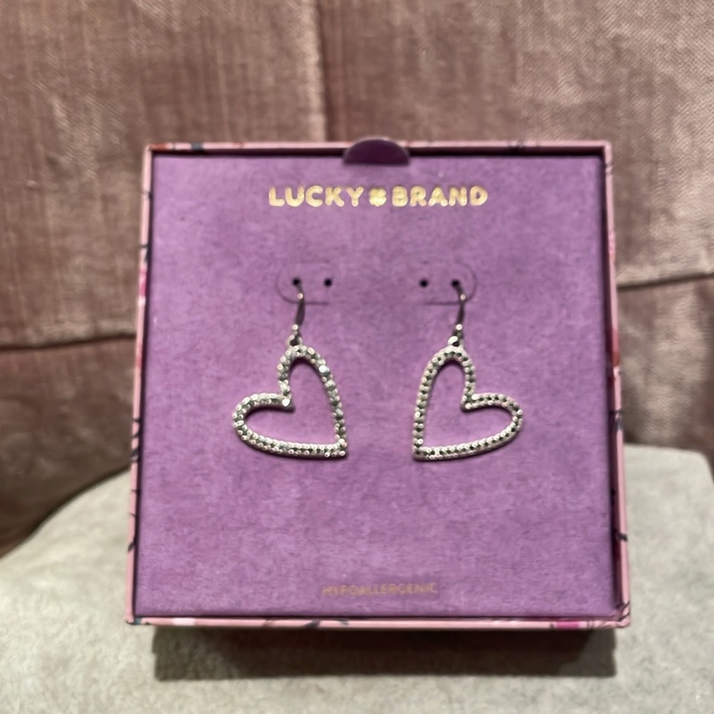 Lucky Brand Hematite Open Heart Earrings New in Box - Picture 2 of 6